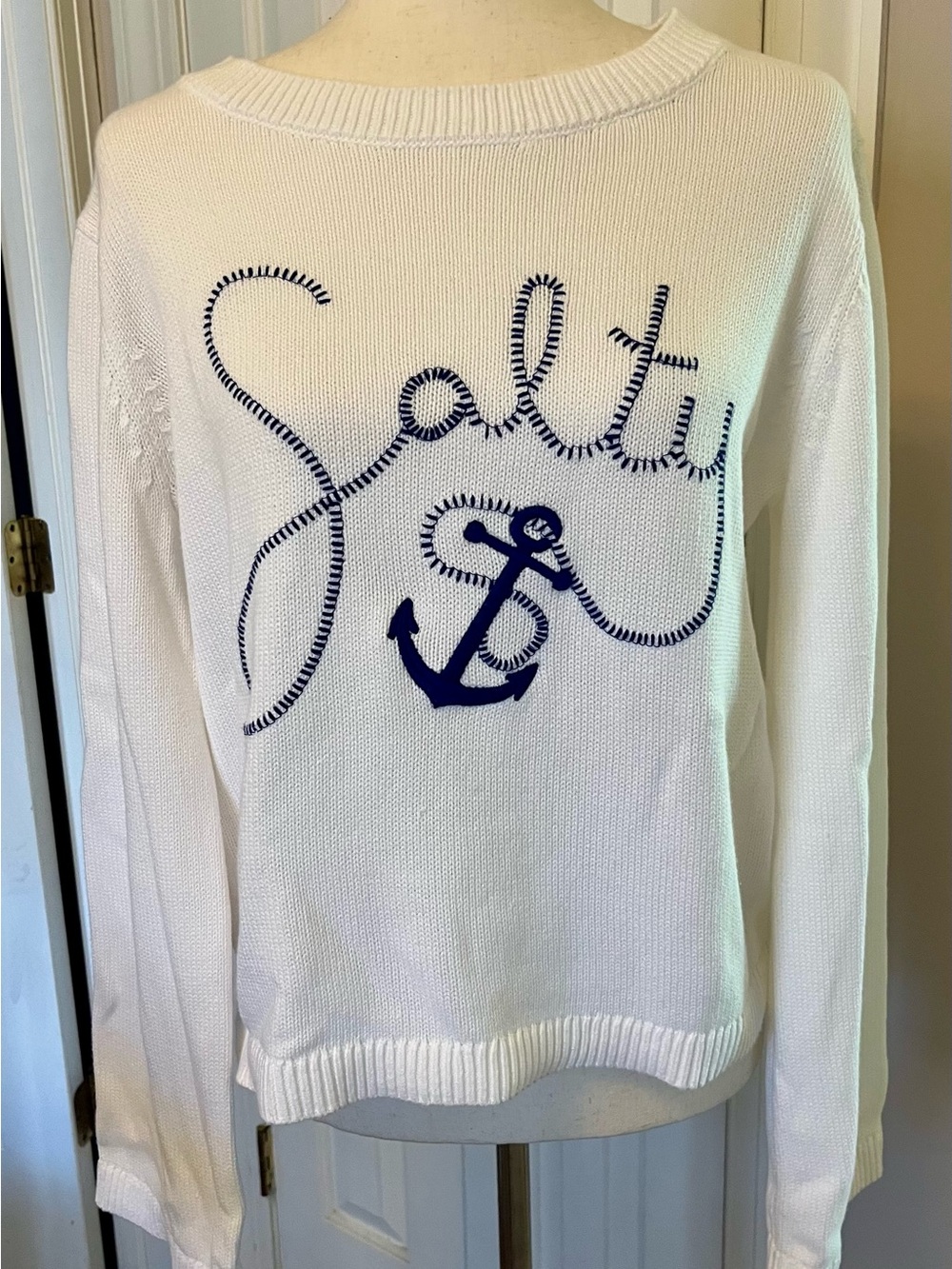 LOFT NWT White Knit Crew Sweater with Navy Anchor Script